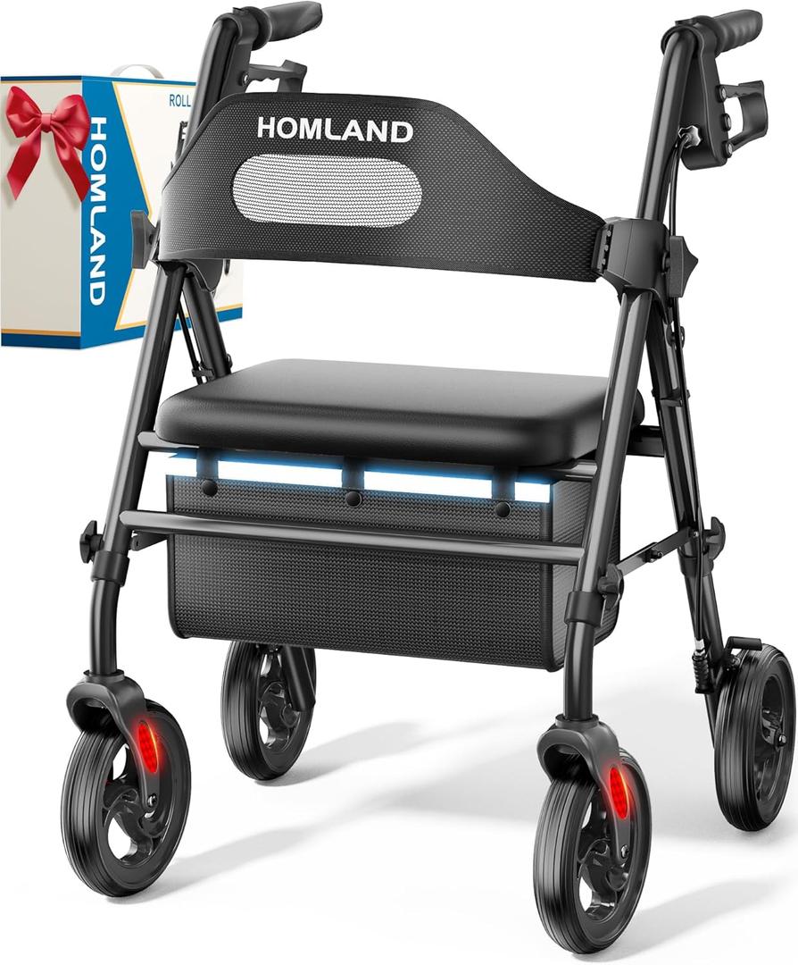 Foldable Rollator Walkers with Seat for Seniors, 8'' Big Wheels, 350 lb. Weight Capacity, Adjustable Handles and Seat Height, Lightweight Rolling Walker, Black