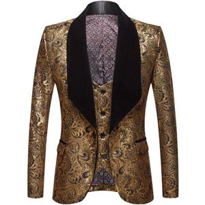 Mens 2 Pieces Set Jacquard Tuxedo Suits Jacket and Vest (Black Gold)