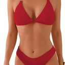 swimall Women's Triangle Bikini Set Cheeky High Cut Sexy Two Piece Swimsuit Cute Halter Bathing Suit (Medium, Red-textured)
