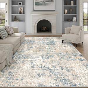 Machine Washable Area Rug 8x10 Blue Brown Large Living Room Indoor Accent Rug Neutral Modern Abstract Low Pile Carpet Non Slip Distressed Throw Rug Bedroom Office Dining Room