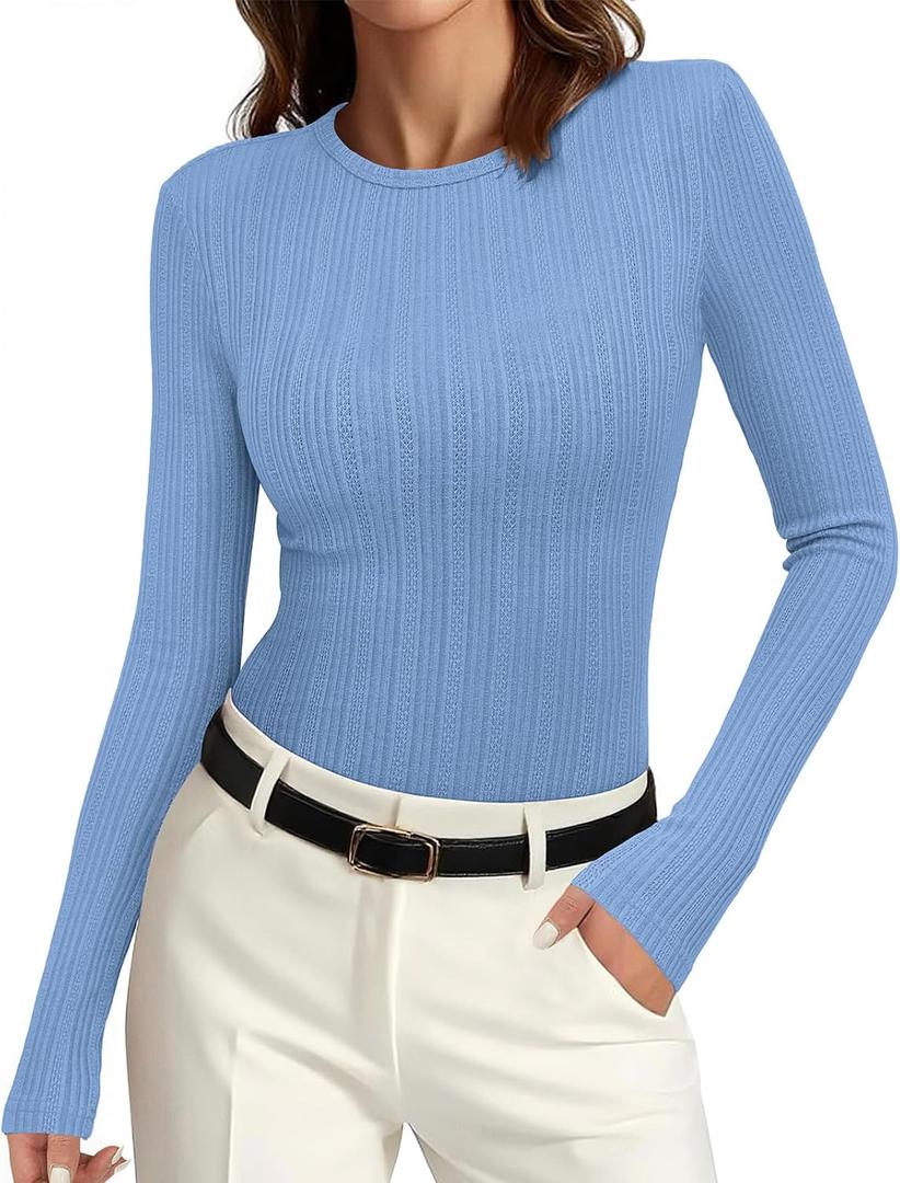 PRETTYGARDEN Crew Neck Long Sleeve Cute Going Out Tops for Women 2026 Casual Basic Slim Fit Womens Pullover Shirts (Blue, L)