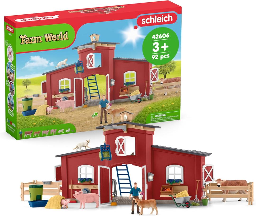 Schleich Farm World - 92PC Red Barn Farm Playset with Animals, Farmer, Accessories and Movable Pieces - Realistic Barnyard Animal Figurines - Fun Educational Toys for Kids, Toddlers Ages 3+ | 42606, Current