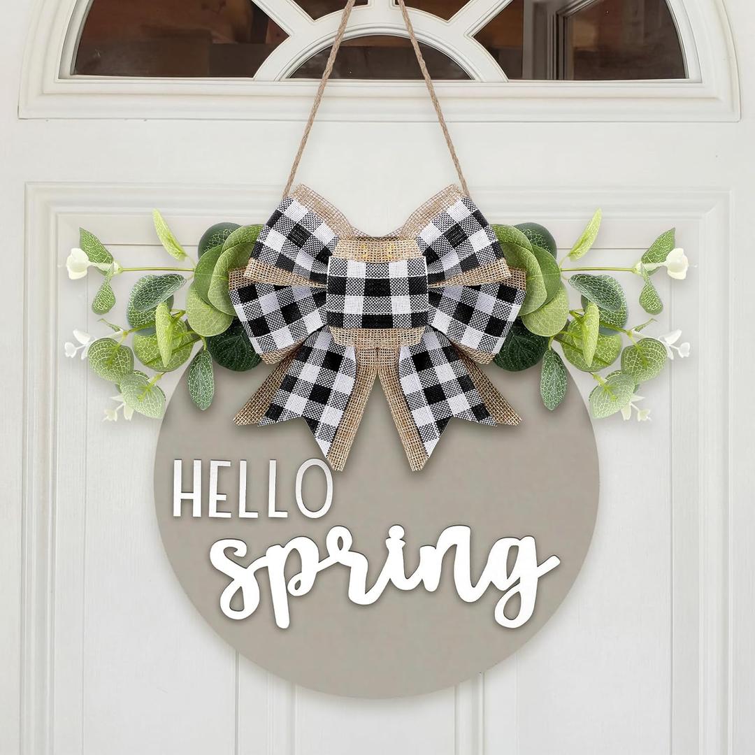 BreezeHug 3D Hello Spring Sign for Front Door Sage Green Rustic Welcome Door Sign with Bow Farmhouse Hello Welcome Wreaths Wood Spring Doors Hanger Decorations for Home Office Shelf Mantel