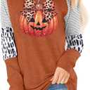 Graphic Shirts Women Pumpkin T Shirt Grateful Blessed Print Long Sleeve Blouse Leopard Striped Fall Tee (Brown, M)