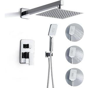 8 Inch Shower Faucet Set, Rainfall Shower System with High Pressure Handheld Shower Head, Bathroom Mixer Wall Mounted Shower Faucet Rough-in Valve and Trim Kit, Polish Chrome, with 3-Setting