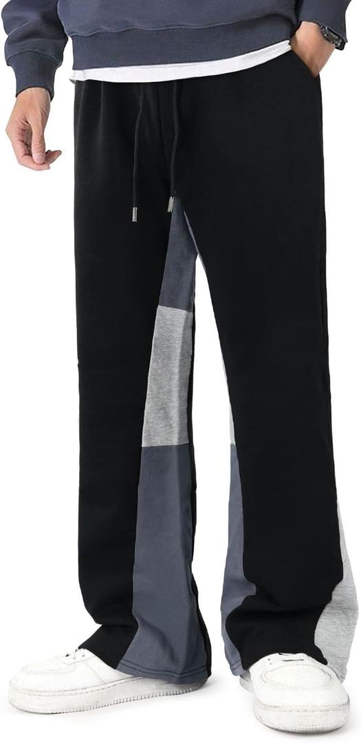GINGTTO Mens Sweatpants Open Bottom Patchwork Stacked Paint Track Pants (X-Large, Black-no Paint)