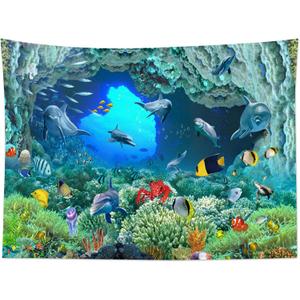 HVEST Blue Ocean Dolphin Tapestry Tropical Fish and Coral Reef in Cave Under Deep Sea Tapestry Wall Hanging Ocean Wall Art for Kids Bedroom Living Room Dorm Birthday Party Wall Decor,80Wx60H inches (Yellow)