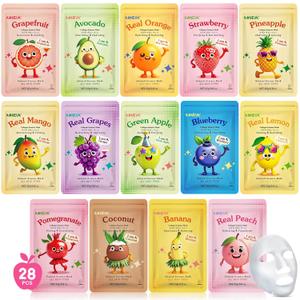 28 Pack Fruit Face Masks Skincare for Kids Girls, Sheet Collagen Face Mask for Women Skin Care, Bulk Hydrating Facial Mask for All Skin Types, Valentines Day Gifts and Party Spa Gifts for Teens