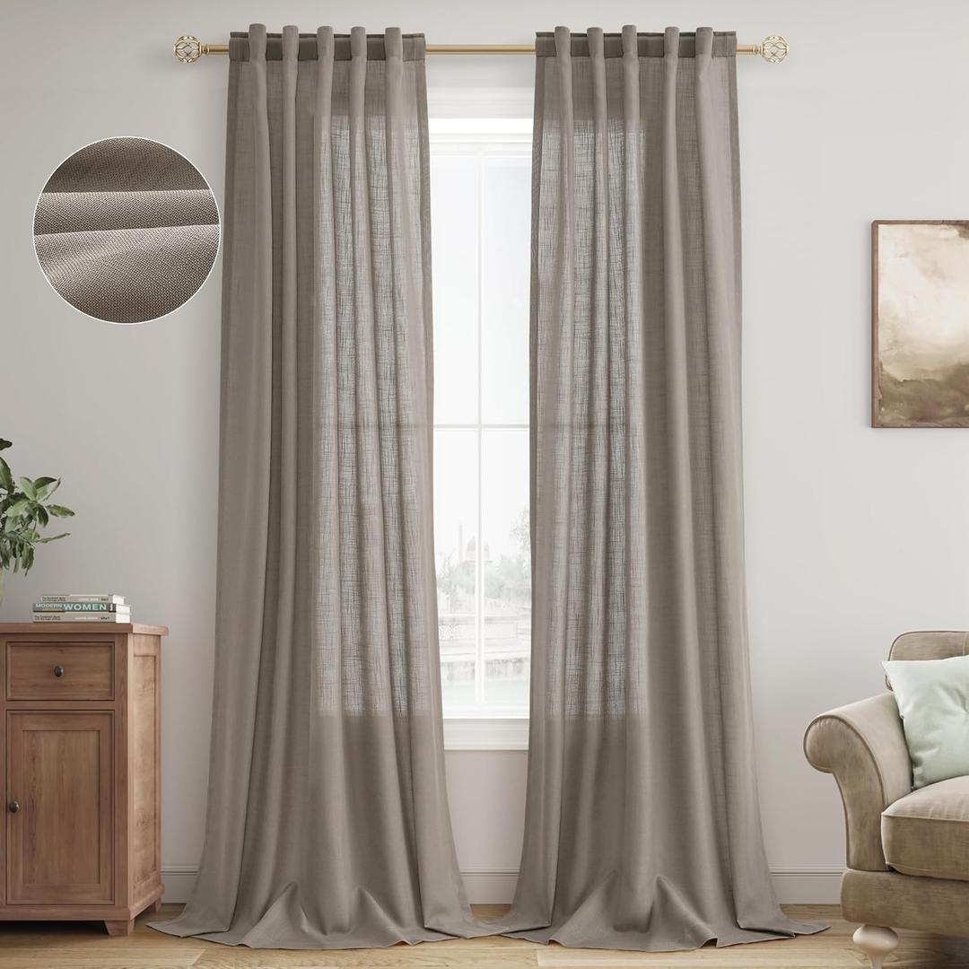 Dark Taupe Linen Curtains 102 Inch Length 2 Panels for Living Room Bedroom Office Back Tab Pocket Privacy with Light Through Modern Farmhouse Decorative Drapes 40x102