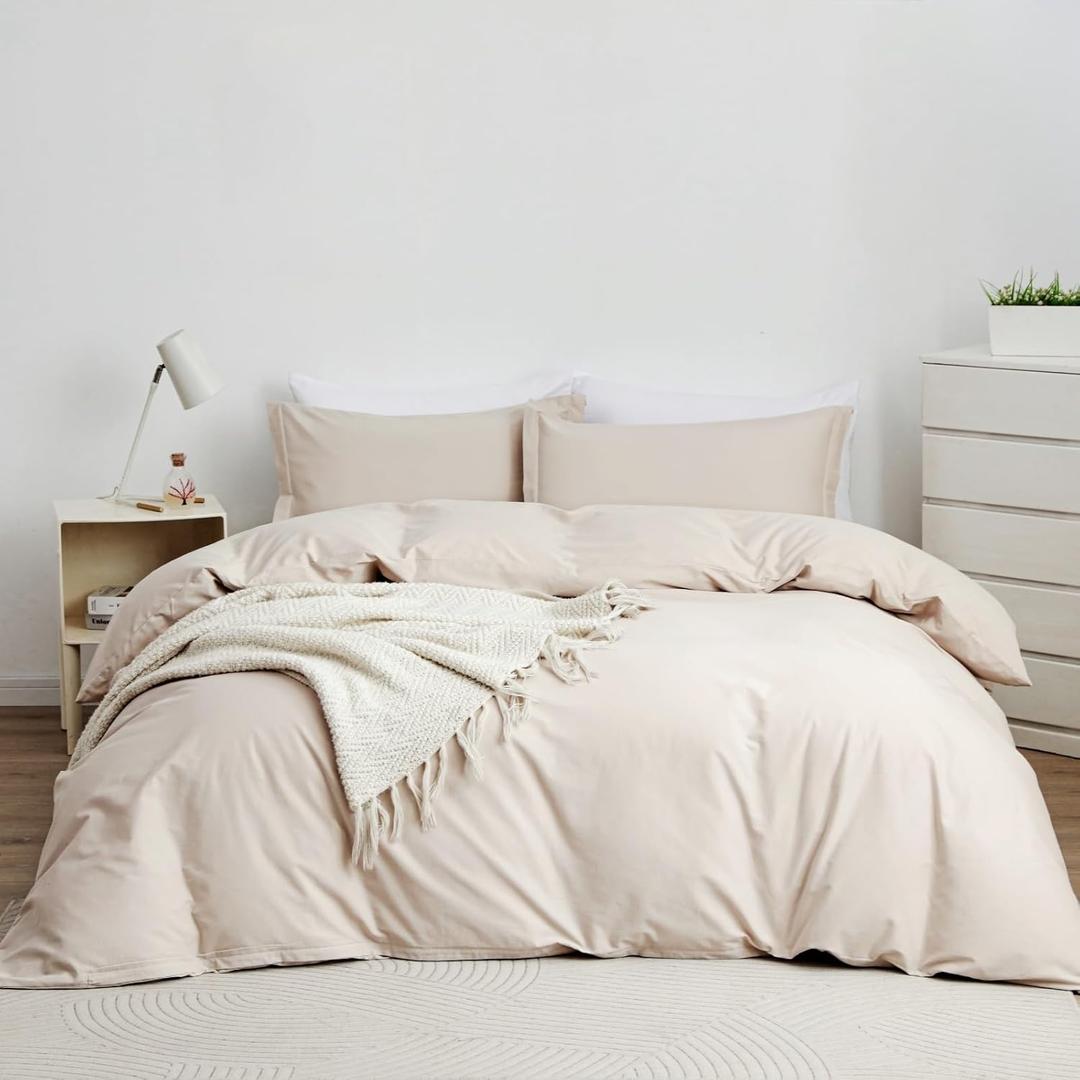 OAITE 100% Washed Cotton Duvet Cover Queen Size Soft Breathable Durable Bedding with Zipper Closure & 8 Corner Ties- 3 Pieces Plain Simple Duvet Cover Set,2 Pillow Shams,1 Duvet Cover(90"x90") (Linen Gray)