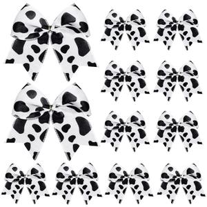 12 Pcs Cowhide Printed Christmas Tree Bow Western Cow Ornament 5.9' Rustic Wreath Bow with Cable Tie Hanging Country Xmas Tree Decor for Home Wedding Holiday Party Gift(Black & White)
