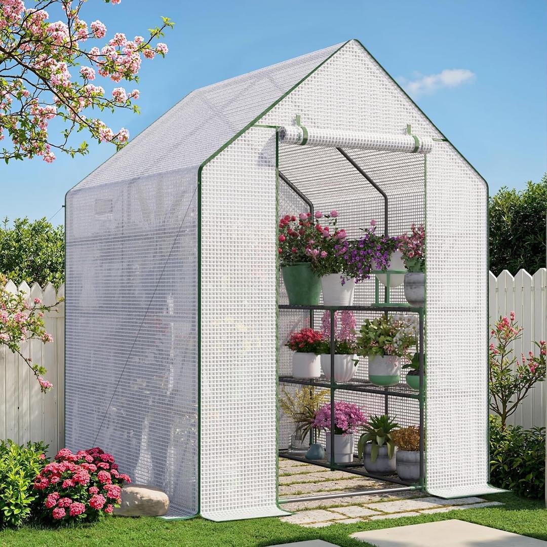 Greenhouse for Outdoors, Portable Green House, Walk in Greenhouses with Durable PE Cover, 57 x 57 x 76 inch Greenhouse with Shelves Stands,White