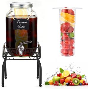 Glass Drink Dispensers for Parties, Beverage Dispenser with Stand, Ice Cylinder and Stainless Steel Spigot 100% Leakproof, Beverage Dispenser for Lemonade Sun Tea (2 Gallon Single with Stand)