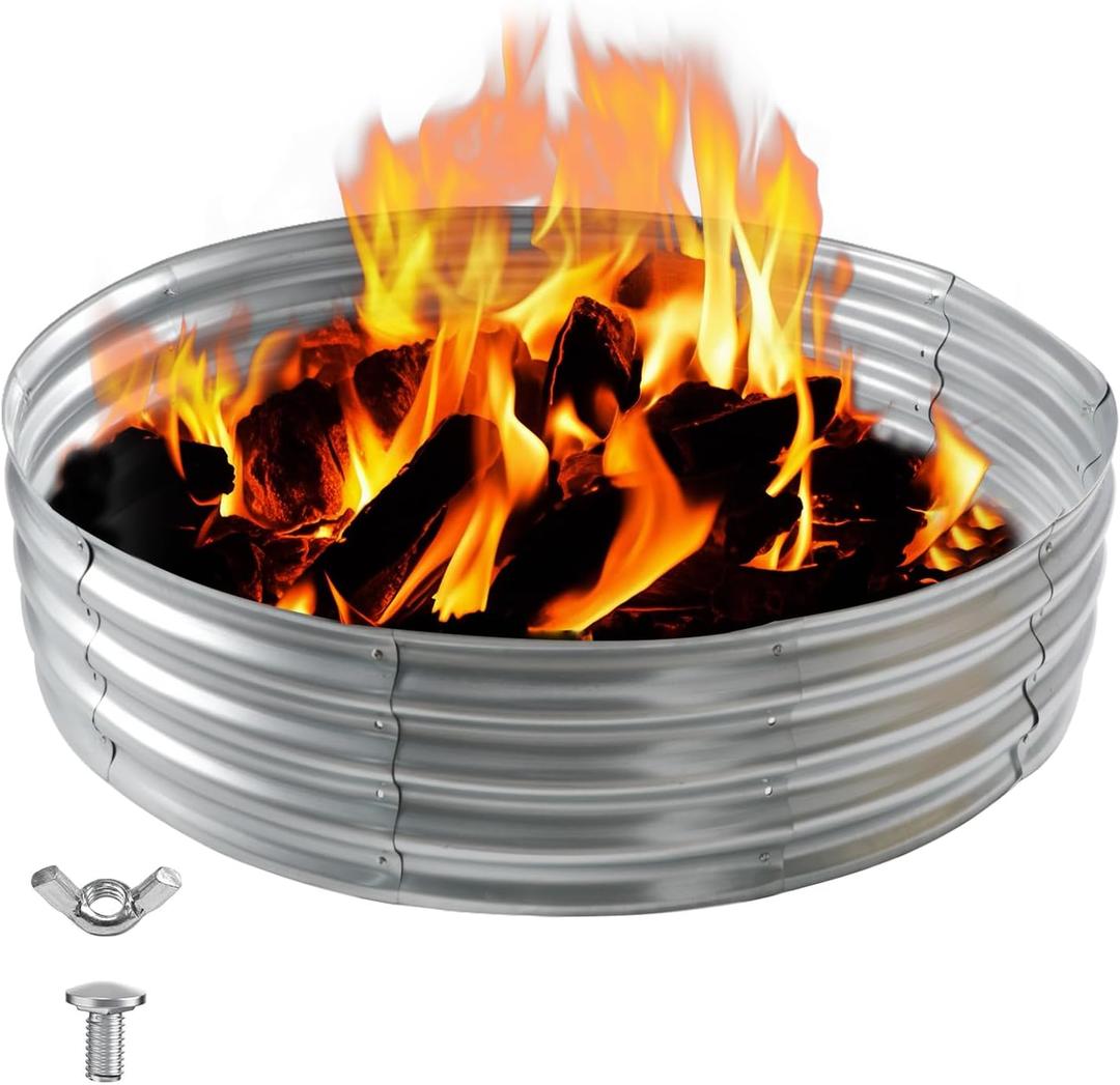 4FT Galvanized Fire Pit Ring, Foldable 48 Inch Silver Round Galvanized Fire Ring Outdoor Pits Raised Garden Bed for Backyard (Silver, 4x4x1FT)