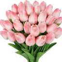 MACTING 30 PCS Artificial Tulip Flowers 13.7" Real Touch Fake PU Tulips Bouquet Faux Flowers for Floral Arrangements Table Centerpiece Kitchen Home Indoor Outdoor Summer Decorations(Peach Pink)