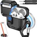 AirPods 4 Case with Lock 2024 - Compatible with MagSafe, Phone Stand & Auto Pop-up for AirPods 4th Generation Case, Military-Grade Protective Cover with Cleaner Kit, Black