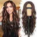 Eawwii Dark Brown Mixed Chestnut Wig for Women Long Wavy 4x1 Lace Natural Hairline Glueless for Beginners Middle Part Synthetic for Daily Party Use 26Inch