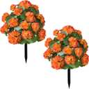 2Pcs 20" Artificial Boxwood Topiary Ball with Flowers Plants with Ground Spikes for Outdoor UV Resistant Realistic Fake Bushes Plants for Garden Yard Front Porch Patio Decor (Begonia Orange)
