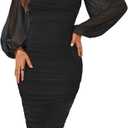 MASCOMODA Women's 2025 Long Puff Sleeve Ruched Midi Bodycon Dress Sexy Mesh Wedding Guest Party Cocktail Dresses (Black)  X-Large