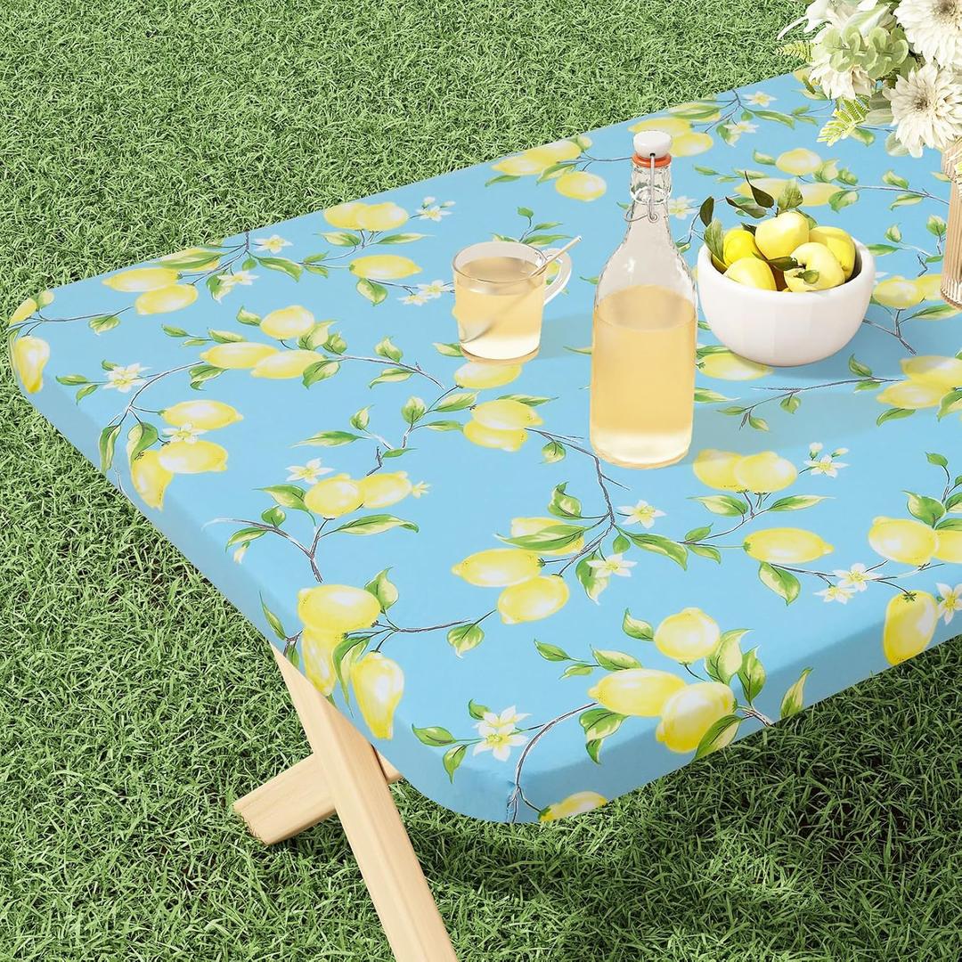 misaya Rectangle Vinyl Tablecloth, Fitted Table Cover, 100% Waterproof, Elastic Edge, Flannel Backing, Plastic Tablecloth Fit Folding Tables for Camping, Picnic, Outdoor (Lemon, 36x60 inch) (Blue)