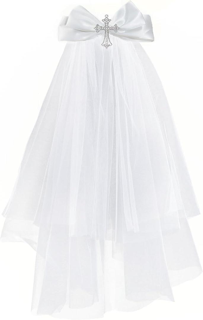 Girls First Communion Veil Headwear, White Bow and Cross Veil For Girls First Communion Dress Up (White)