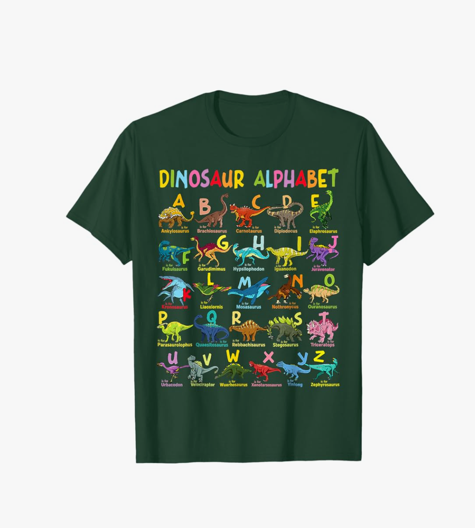 Types Of Dinosaurs Alphabet A-Z ABC Dino Identification T-Shirt Size Small