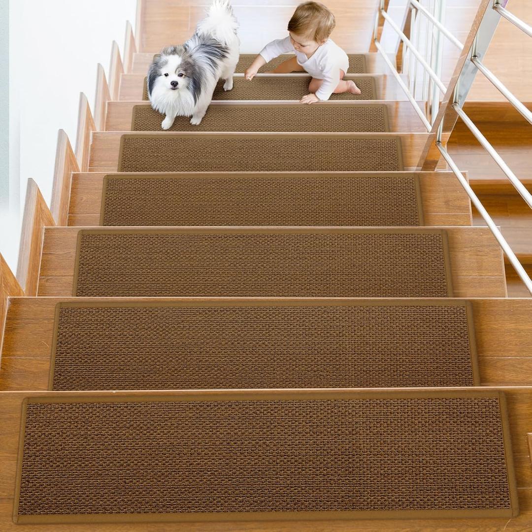 Non Slip Stair Treads for Wooden Steps, Stair Runners Indoor, 15 PCS 8" x 30" Natural Linen Carpet Stair Treads, Self-Adhesive Washable Backing for Kids Elders and Pets, Coffee