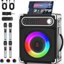 Karaoke Machine with 4 Wireless Microphones, Portable Bluetooth 5.1 Speaker for Adults Kids with LED Lights, Bass/Treble Adjustment, PA System with Remote Control, Supports FM/AUX/USB/TF for Party