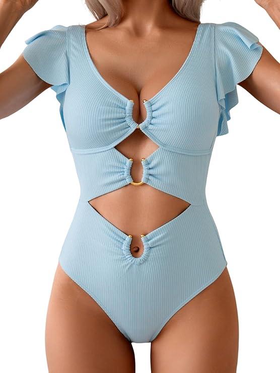 B2prity Women One Piece Swimsuit Tummy Control Ruffle Sleeve V Neck Bathing Suit Cutout Sexy High Waisted Monokini 2XL