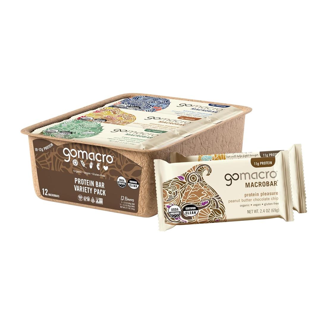 GoMacro MacroBar Organic Vegan Protein Bars - Protein Variety Pack (2.3-2.4 Ounce Bars, 12 Count) (EXP 03/19/27)