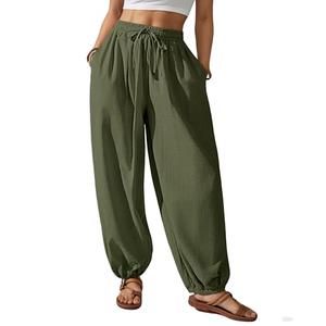 Bsubseach Womens Cotton Harem Pants Elastic Waist Baggy Pant Drawstring Balloon Trouser Loose Beach Pants with Pockets Army Green 2XL