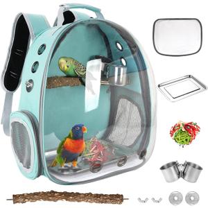 Bird Carrier Backpack Travel Cage with Perch, Breathable Clear Parrot Cockatiel Cage with Toy Stainless Steel Food Bowl Tray for Conures Parakeet Budgie Canary Lovebirds, Small Animal Pet Carrier Bag (Green)