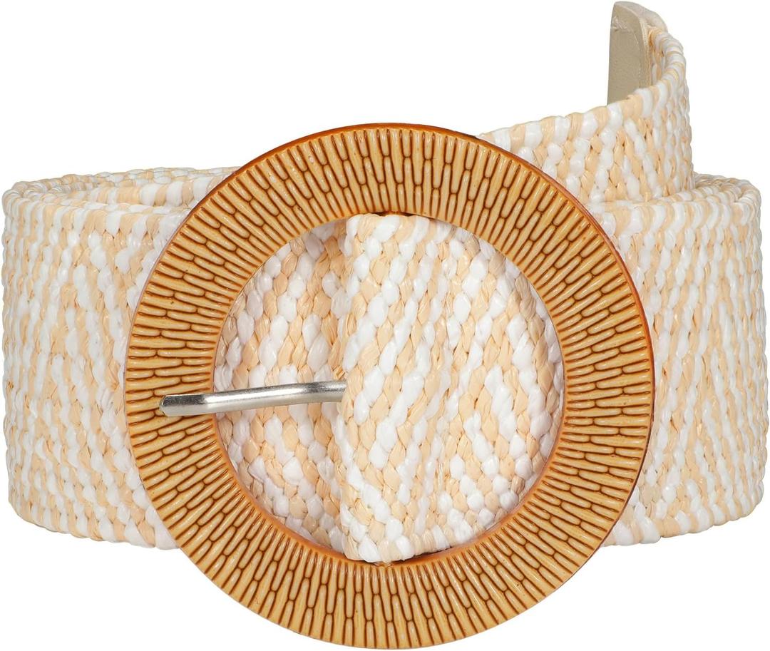 SUOSDEY Straw Woven stretchy Waist Belt for Women Dresses,Wide Boho Braided Elastic Belt with Round Buckle (Beige)