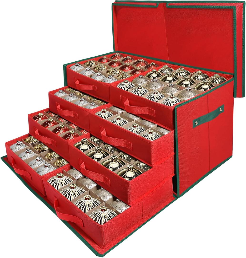 WDZREE Premium Large Christmas Ornament Storage,Box with Side Open, Drawer Style Trays -3" Compartment, 8 Trays, Keeps 128 Holiday Ornaments -Made of Durable 600D Oxford Fabric Tear-Proof Material