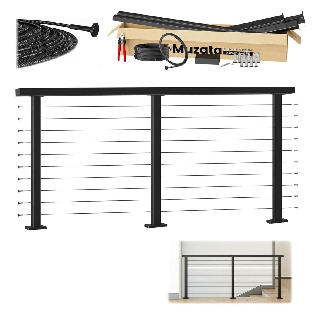 Muzata 4-8FT Upgraded Pre-Crimped Black Complete Cable Railing Kit 36 Inch Cable Railing System for Decks Porch with Post Handrail Easy DIY with User Guide Complete Set RC01
