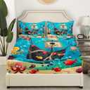 Cartoon Pirate Ship Fitted Sheet Twin Size Marine Adventure Bedding Set Girls Boys Kids Underwater Fish Bed Cover Cute Octopus Jellyfish Bed Sheet,1 Pillowcase(No Flat Sheet) (Black Blue Red)