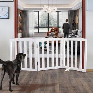 ZJSF Foldable Freestanding Indoor Dog Gate for House Wood White Long Pet Gates Dog Fence for Stairs Puppy Gates for Hallways,Dog Fence, Puppy Gate,Support Feet Included 24 "Height-3 Panels (3 Panels60W x 24''H)