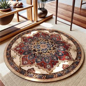Boho Round Area Rug for Bedroom Bathroom Entryway Non-Slip Carpet, Washable Circle Low-Pile Rug Faux Wool Boho Vintage Bohemian Distressed Oriental Carpet, 4Ft (4x4 Feet)