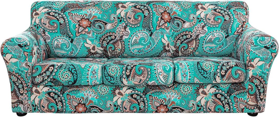 Lamberia Printed Sofa Cover for 3 Cushion Couch High Stretch Sofa Slipcovers 4 Piece Sofa Slipcover with Three Separate Cushion Covers Elastic Bottom Floral Pattern (Green, Sofa)