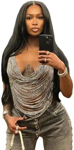 AIBEARTY Women's Sexy Multi-Layer Metal Chain Crop Tops Hollow Out Halter Backless Tassel Camisoles for Rave Party Club, One Size