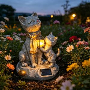 9.8" Solar Cat Resin Garden Statues Outdoor Lights with Lanterns Waterproof Animal Figurine Outside Decorations for Yard, Patio, Porch, Balcony Ornaments Unique Gardening Gifts for Mom, Grandma, Women