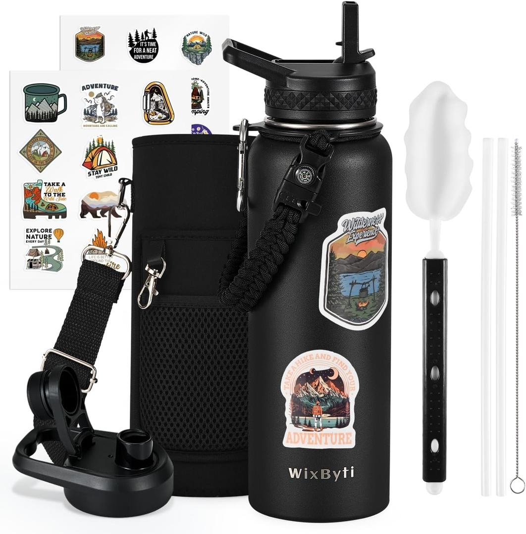 40 oz Insulated Water Bottle with Straw (Cold for 48 Hrs), Stainless Steel Triple Wall Vacuum Sports Water Jug, Leakproof Hydro Cup Flask with Paracord Handle & Straw Spout Lids & DIY Stickers (Black)