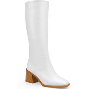 Knee High Boots Women - Long Elastic Faux Leather Boots Tall Square Toe Chunky Block High Heel Shoes with Side Zipper, White, Size 9