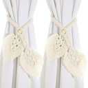 2 Pack Boho Curtain Tiebacks Macrame Holdbacks, Handmade Adjustable Curtain Tie Back Holders for Drapes Window, Elegant White Leaf Wall Decor for Indoor Outdoor Use
