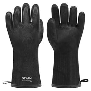 DEYAN Silicone BBQ & Oven Gloves - Food Grade, Heat Resistant Waterproof & Oil Proof Gloves for Grilling, Baking, Frying, Cooking - Long Sleeve & Non-Slip Grip, 1 Pair(Black, 8/ M)