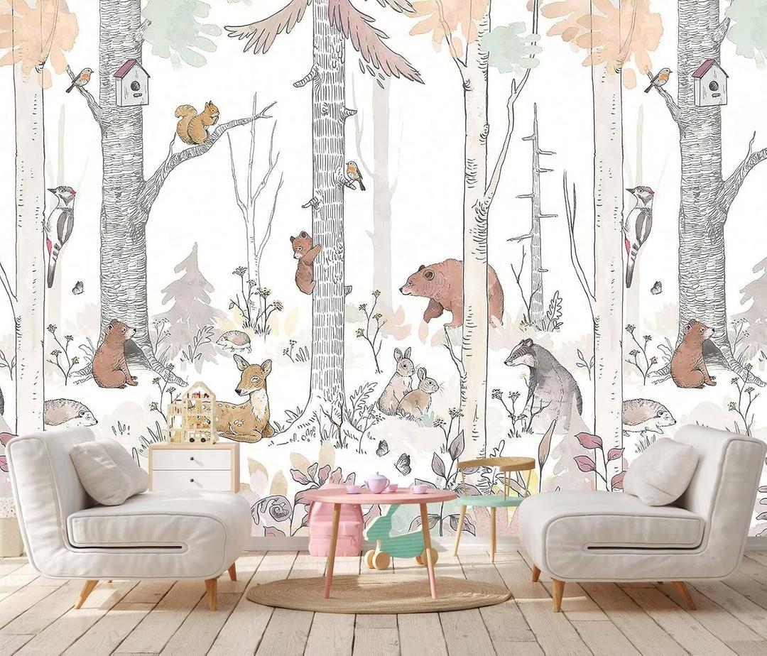 Kids Tree Wallpaper Mural Cute Animals Plants Birds Wallpaper for Nursery Boys Girls Bedroom Living Room (Not Self-Adhesive) (149" x 107")