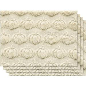 Artoid Mode Beige Pumpkin Fall Placemats, 12x18 Inch Seasonal Soft Plush Faux Fur Wool Table Mats for Party Kitchen Dining Decoration Set of 4