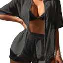 SKAYS Summer 2 Piece Beach Cover Ups for Women Crochet Swimsuit Coverup Cardigan and Short Pant Set (Black, L)