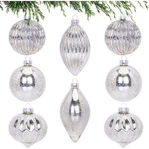 8 Pcs Large Silver Mercury Glass Christmas Ball Ornaments Set, Assorted 3.15''-5'' Hanging Baubles for Christmas Tree, Vintage Decorations for Winter Holiday Xmas Tree Decor