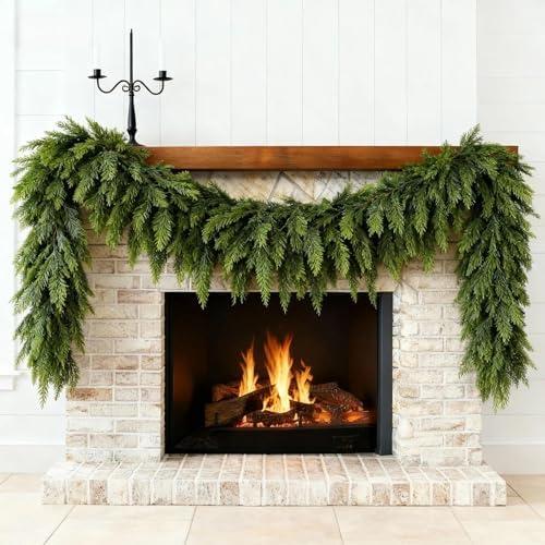 9ft Artificial Realistic Cedar Garland - Christmas Real Touch Long Greenery Gradient Cypress Garland for Mantle, Fireplace & Stairs Banister, Unlit Faux Green Decorations for Indoor Xmas Decor